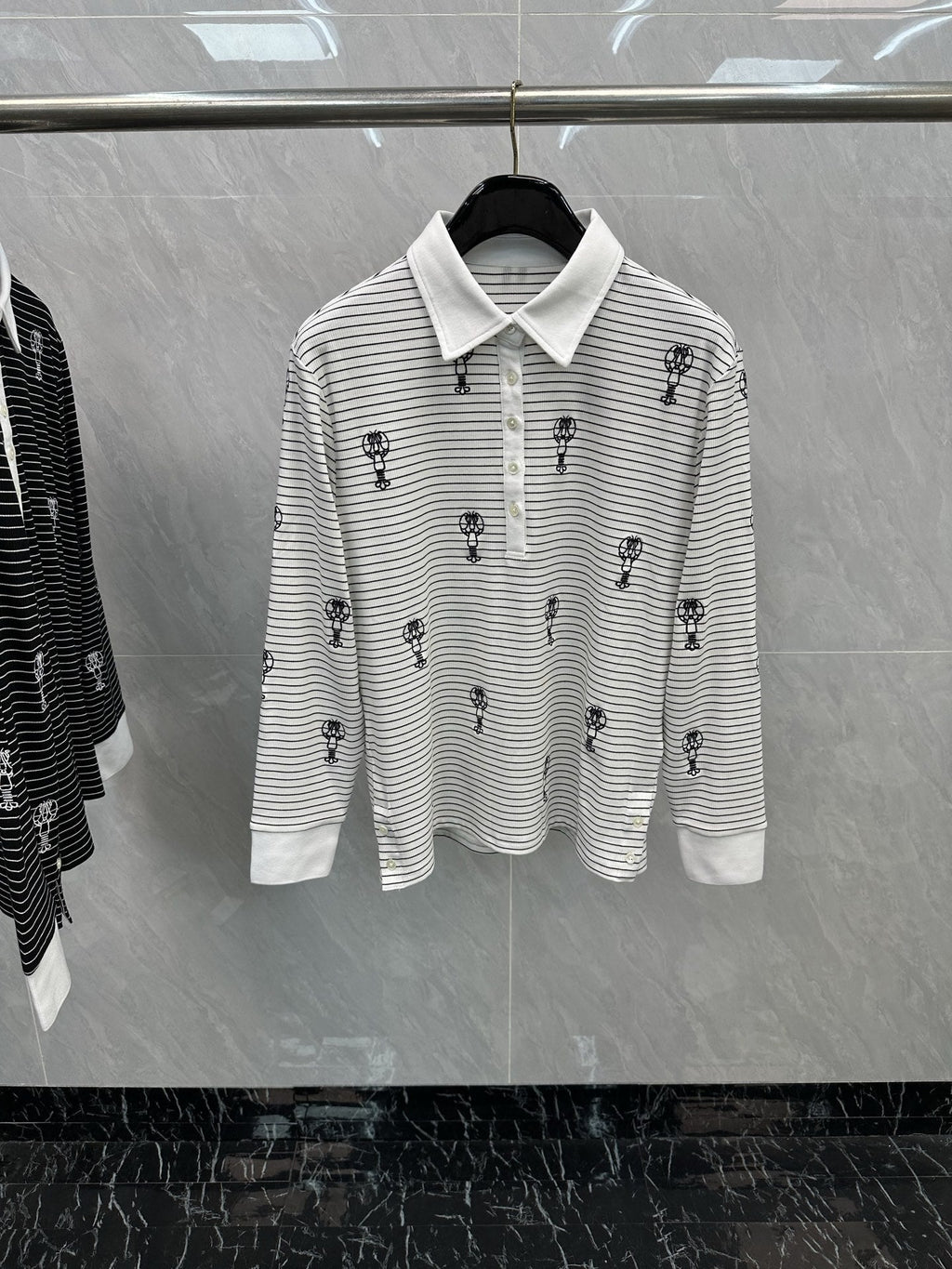 Thom Browne Style Balloon-Embroidered Striped Long-Sleeve Polo