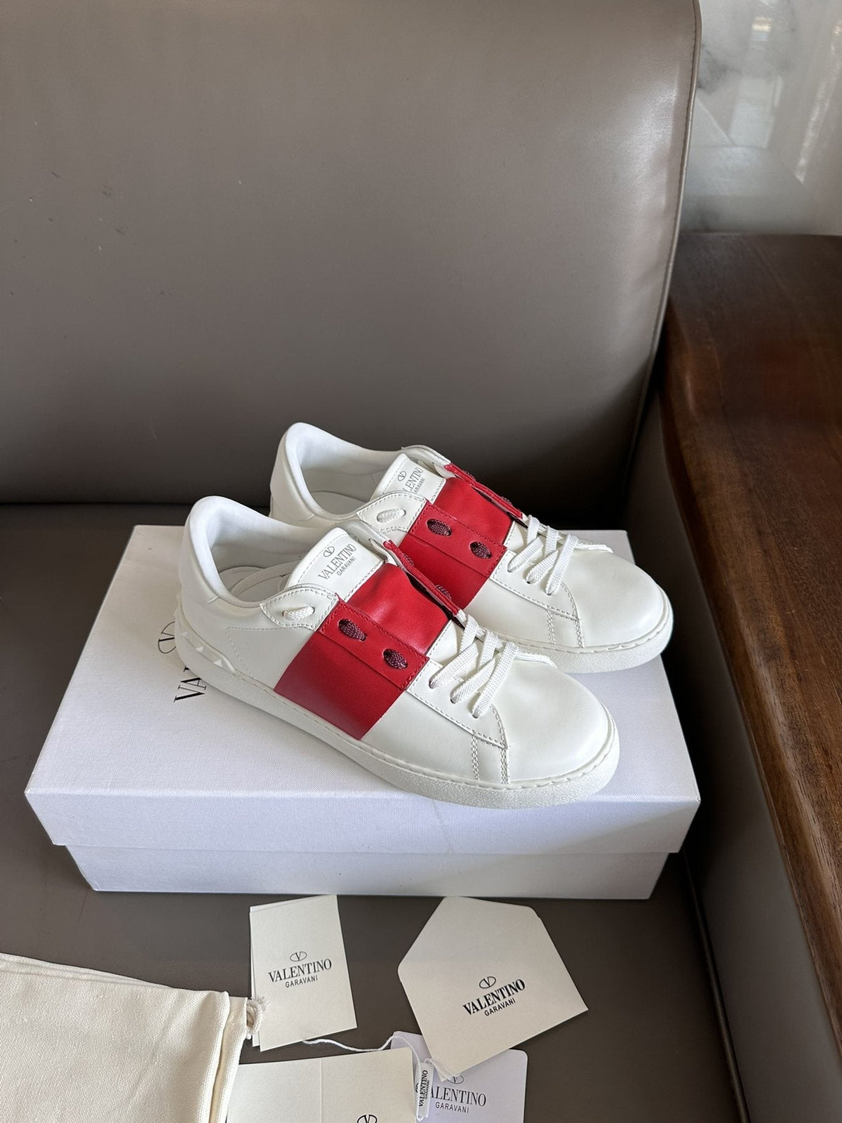 Valentino White and Red Studded Low-Top Sneakers
